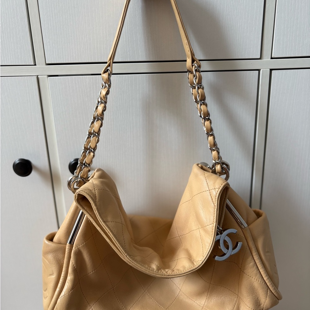CHANEL Beige Quilted Shoulder Bag with Silver-Tone Hardware